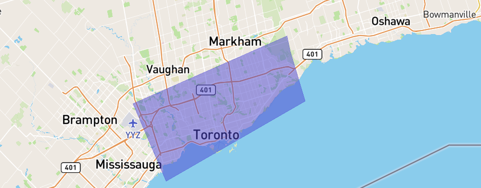 Map of Greater Toronto Area service coverage zone